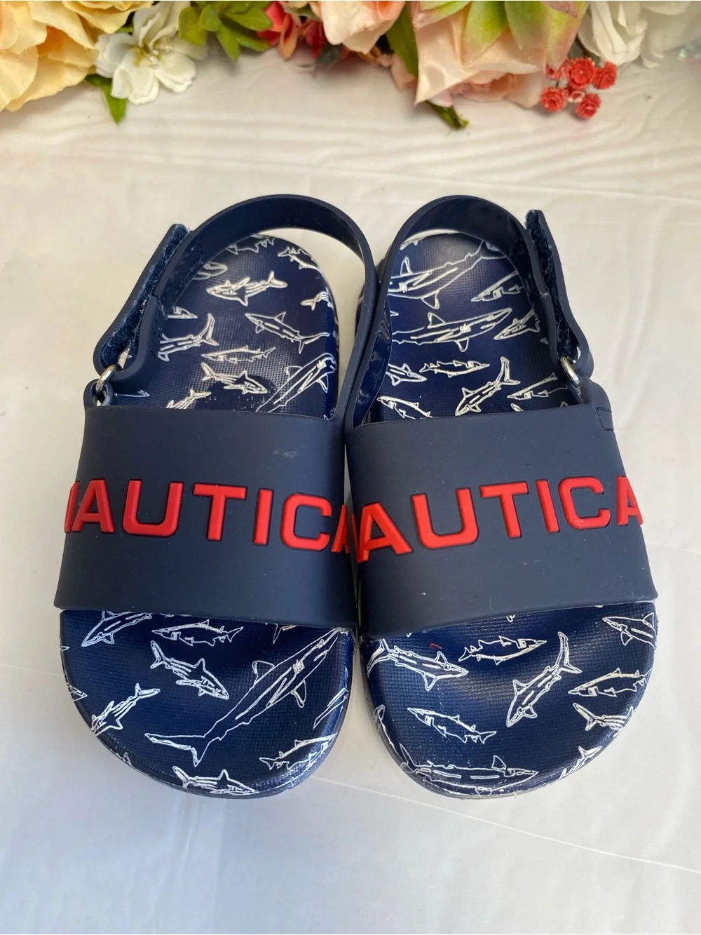 Nautica Boys Shark Print Logo Slingback Water Sandals Navy Red Size 7